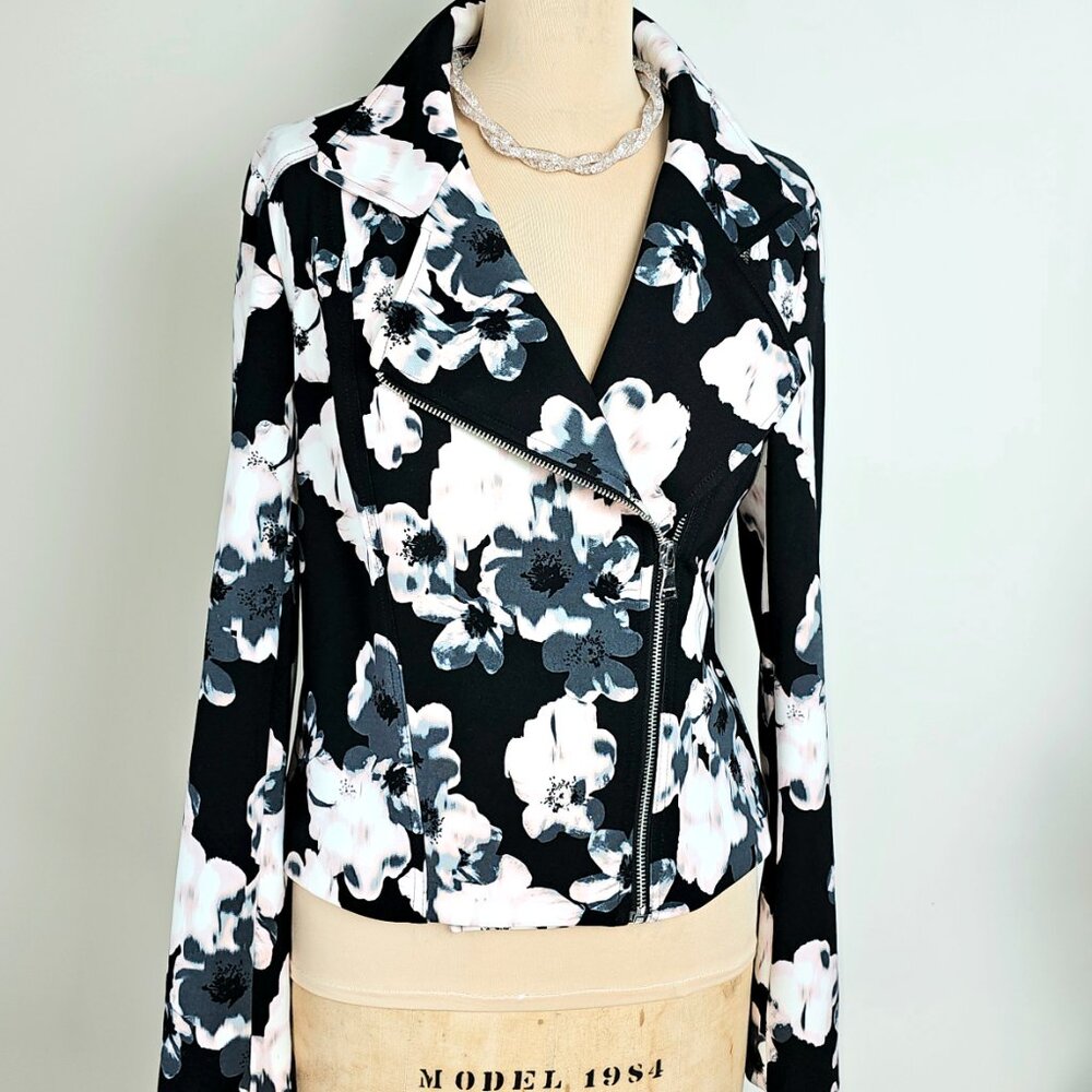 NWT Express Black Floral Moto Jacket Size M Asymmetrical Zip Cropped Blazer
